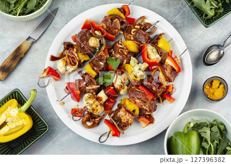Appetizing fresh uncooked shish kebab. 127396382