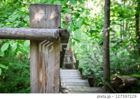 Wooden Handrail on Forest Bridge in Green Nature Park with Blurred Background Wooden Handrail on Forest Bridge in Green Nature Park with Blurred Background 127397229