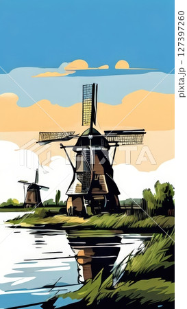 an AI Image Generator, Traditional Windmills Reflecting in a Peaceful Canal 127397260