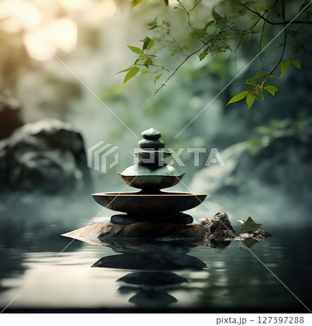 an AI Image Generator, Serene Zen Balance in Nature With Gentle Reflections 127397288
