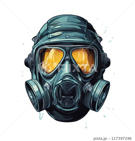 an AI Image Generator, Futuristic Gas Mask With Glowing Orange Visor 127397296
