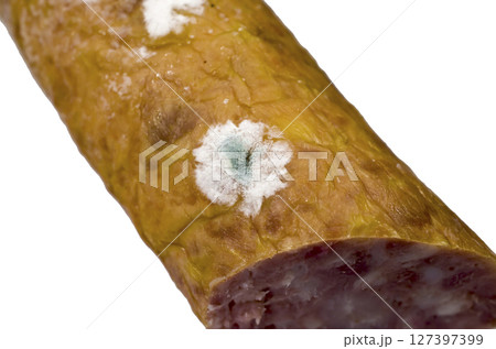Smoked sausage covered with mold 127397399