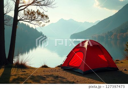 Tent camp evening, active holidays in nature, tourist parking. AI Generative 127397473