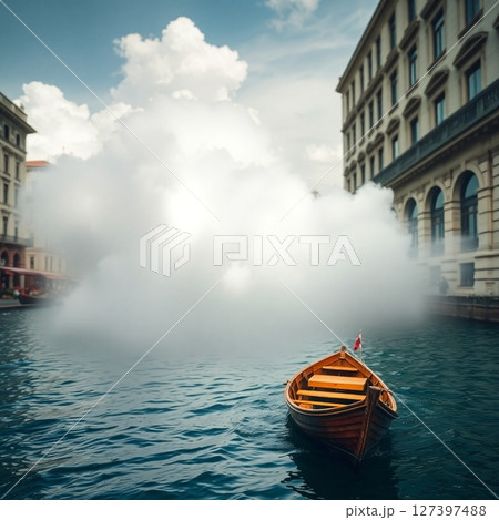 空に浮かぶ船のファンタジー風景画像 127397488