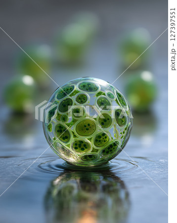 水面に浮かぶ緑の球状微生物のマクロイメージ｜自然の神秘と生命のデザインを感じる幻想的ビジュアル 127397551