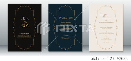 Luxury Elegant Wedding Invitation Set with Gold Curved Frame in Black, Navy, and Cream 127397625
