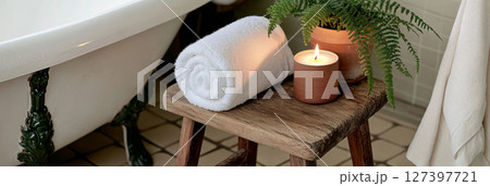 Relaxing spa scene with lit candle, fern, and rolled towel on wooden stool, background 127397721