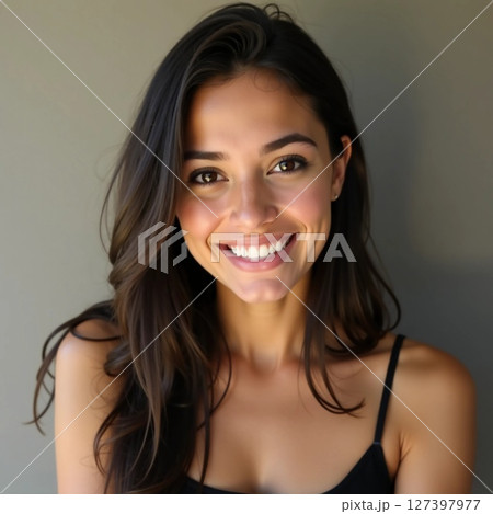 A joyful young woman is smiling warmly, showcasing her natural beauty and charm Generative AI 127397977