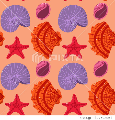 Seamless Pattern with Starfish and Shell Illustrations in Vibrant Hues 127398061