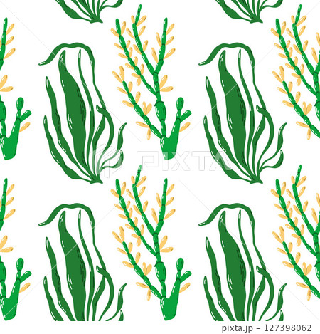 Seamless Pattern of Green and Yellow Illustrated Botanical Elements 127398062