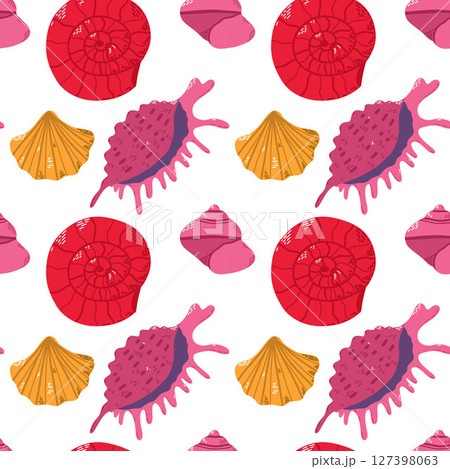 Vibrant Seashell Pattern Featuring Varied Shells Against a Clean White Background 127398063