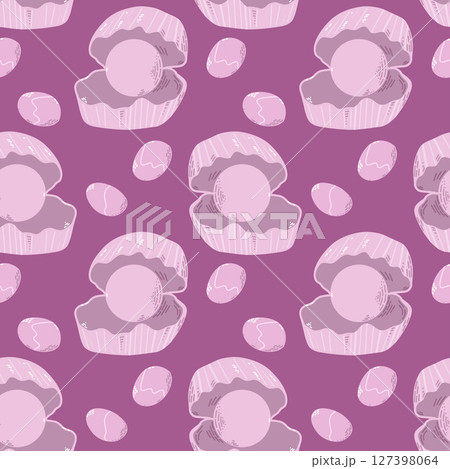 Seamless Pattern with Pink Pearls in Open Oysters on Purple Background 127398064