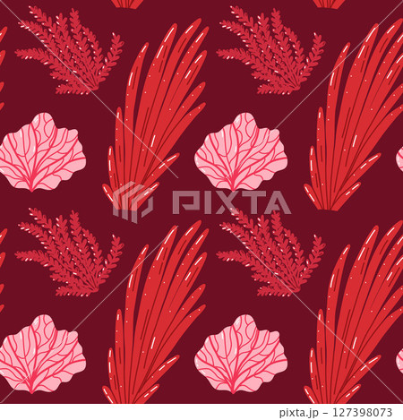 Seamless Pattern Featuring Red And Pink Abstract Seaweed On Burgundy Background Seamless Pattern Featuring Red And Pink Abstract Seaweed On Burgundy Background 127398073