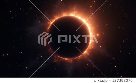 Witness the breathtaking spectacle of a solar eclipse, where the moon obscures the sun, revealing a stunning corona against the starry backdrop of the universe Generative AI 127398076