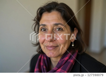 An Egyptian woman with a warm smile wears a stylish scarf, radiating positivity in a bright indoor space. Her relaxed demeanor invites connection and conversation Generative AI 127398079