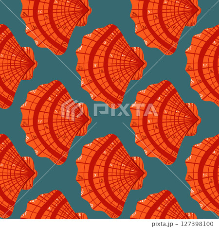 Seamless Pattern of Red Seashells on a Teal Background 127398100