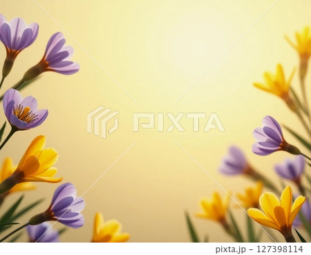 Vibrant wildflowers in hues of purple and yellow flourish, basking in gentle sunlight. The tranquil setting evokes a sense of calm and beauty, perfect for nature lovers Generative AI 127398114