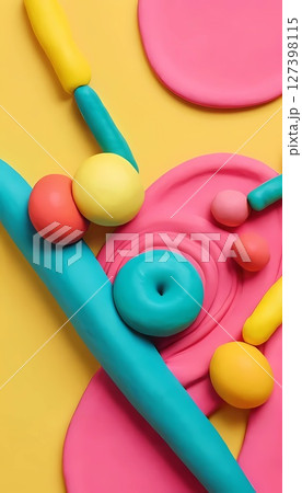 Brightly colored play dough is skillfully shaped into whimsical forms on a vivid yellow background, inviting creativity and fun exploration for all ages Generative AI 127398115