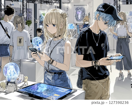 NFTアート展を鑑賞する若者たちのイラスト素材 127398236