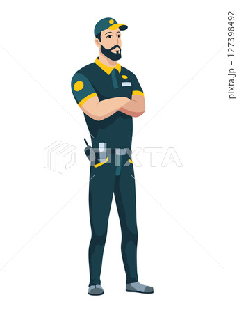 Security guard on duty, standing with arms crossed. Professional bodyguard for safety, protection surveillance. Man in confident posture Security guard on duty, standing with arms crossed. Professional bodyguard for safety, protection surveillance. Man in confident posture 127398492