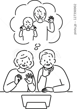 孫とビデオ通話する高齢者夫婦_正面（線画） 127398902