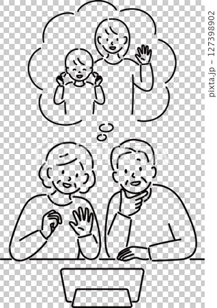 孫とビデオ通話する高齢者夫婦_正面（線画） 127398902