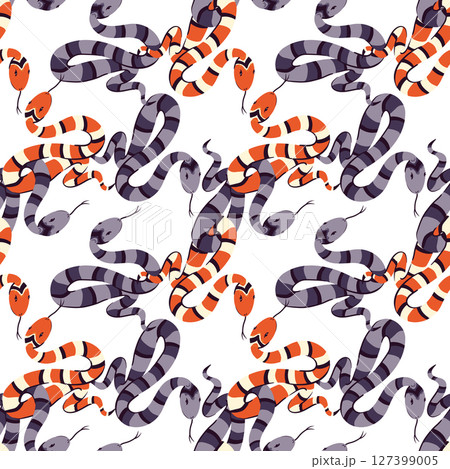 Seamless pattern of snakes with intertwined tails. Vector background for Halloween. Sign of witch magic, symbol of wisdom and knowledge. Ancient symbol of occultism, magic, infinity, mysticism. 127399005