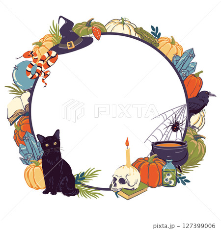 Frame with magic items, Halloween decoration. Round template with witchcraft and witchcraft items, cauldron, grimoire, potion, elixir, skull, magic ball, cat, snake, owl, toad, spider. Vector. 127399006