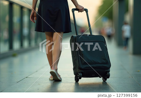 Woman roll luggage suitcase on wheels airport, departure on trip. AI Generative Woman roll luggage suitcase on wheels airport, departure on trip. AI Generative 127399156