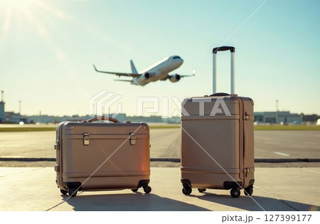 Two suitcases stand airport, plane taking off, wait departure. AI Generative 127399177