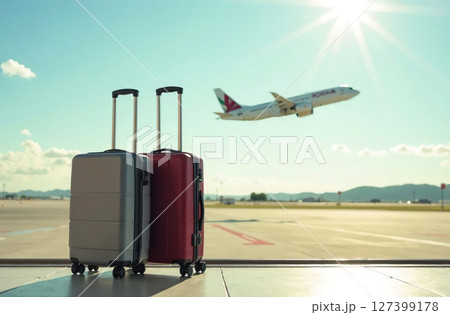 Two suitcases stand airport, plane taking off, wait departure. AI Generative 127399178