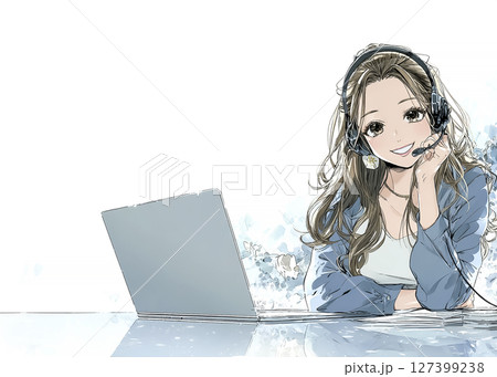 オフィスでヘッドセットをつけて仕事をする女性のイラスト素材 127399238