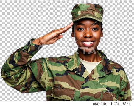 African female soldier. Black woman in uniform saluting. Transparent background. PNG African female soldier. Black woman in uniform saluting. Transparent background. PNG 127399271
