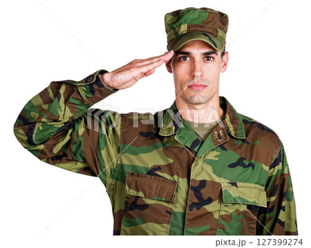 Male soldier in uniform saluting. Transparent background. PNG 127399274