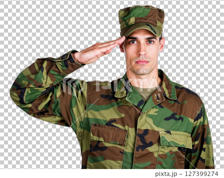 Male soldier in uniform saluting. Transparent background. PNG 127399274