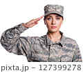 Female soldier in uniform saluting. Transparent background. PNG 127399278