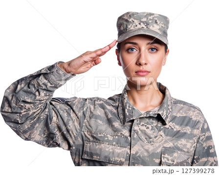 Female soldier in uniform saluting. Transparent background. PNG 127399278