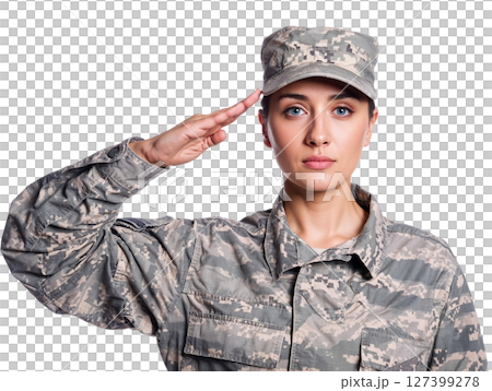 Female soldier in uniform saluting. Transparent background. PNG 127399278