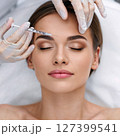 Facial injections on woman's face. Cosmetology treatment close up. Skin care procedures in the beauty salon. Facial rejuvenation. 127399541