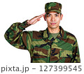 Asian male soldier in uniform saluting. Transparent background. PNG	 127399545