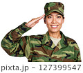 Asian female soldier in uniform saluting. Transparent background. PNG 127399547