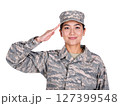 Asian female soldier in uniform saluting. Transparent background. PNG 127399548