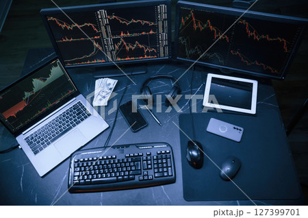Financial Analyst Working on a Computer with Multi-Monitor Workstation with Real-Time Stocks, Commodities and Exchange Market Charts. Financial Analyst Working on a Computer with Multi-Monitor Workstation with Real-Time Stocks, Commodities and Exchange Market Charts. 127399701