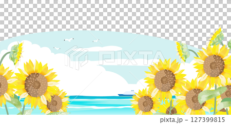 夏日海灘與向日葵田風景插畫 127399815