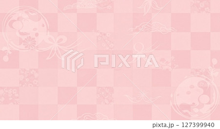 優しいピンク色のチェック柄背景に花やリボン、波の模様 優しいピンク色のチェック柄背景に花やリボン、波の模様 127399940