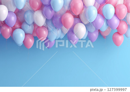 Gold and multicolored color balloons with customizable space for text. Event celebration concept 127399997