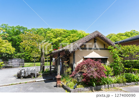 青空光芒に映える茅葺き屋根の家　　上天草市大矢野町 127400090