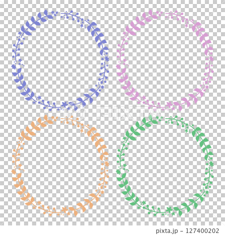 A set of gentle pastel plant wreath materials (blue, pink, orange, green) 127400202