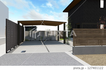 モダンなカーポートのある駐車スペース 127401122