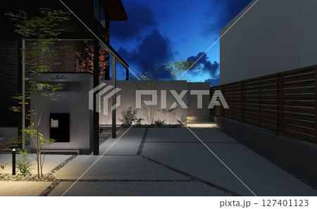 ムードのあるエントランス外構計画：夜 127401123